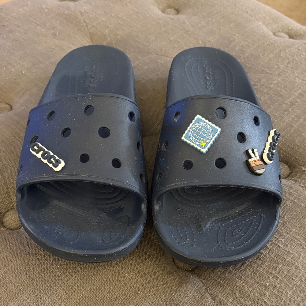 CROCS Navy Slide Sandals with Fun Charms